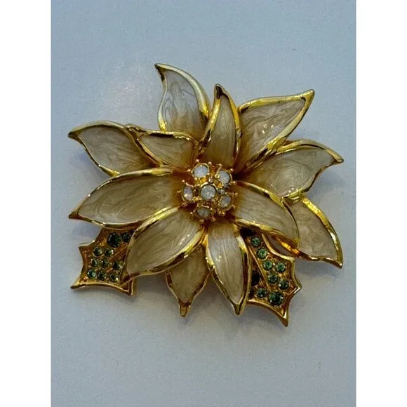 Nolan Miller Poinsettia Christmas Brooch Pin Enamel Rhinestones Fashion Jewelry - Picture 4 of 9